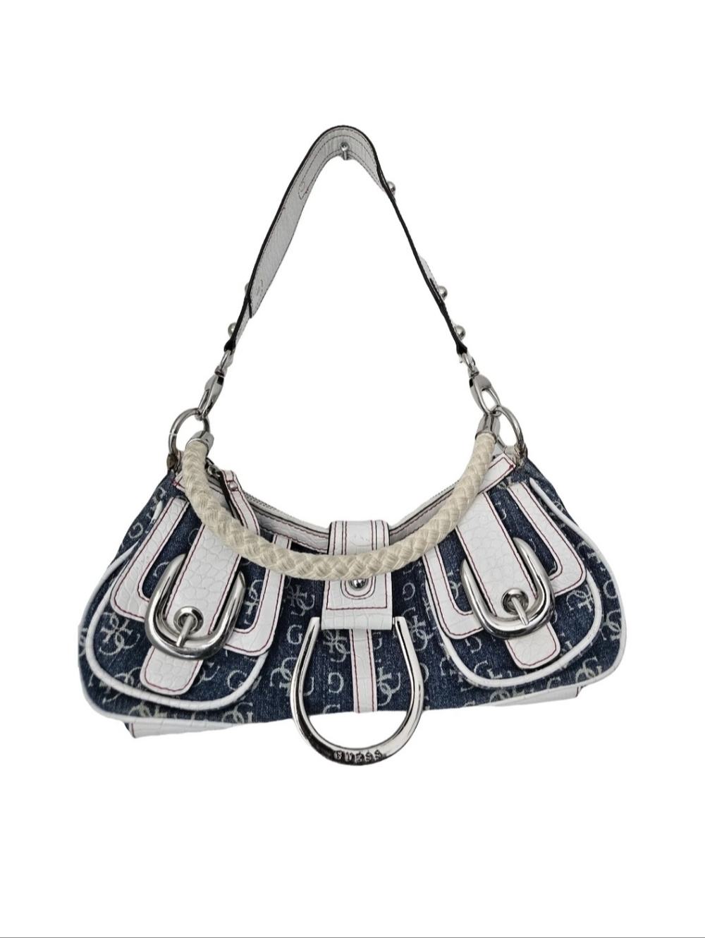 Guess Navy and White Monogram Shoulder Bag with Braided Top Handle